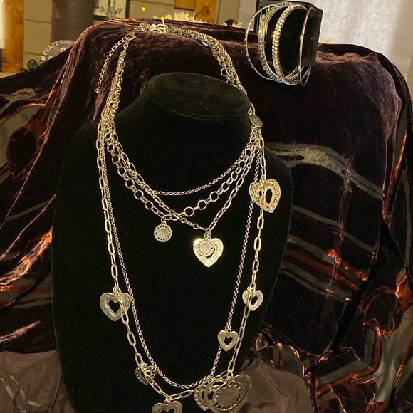 19” silver tone multi strand heart chain necklace w/ 4 bangle brackets - Picture 1 of 9